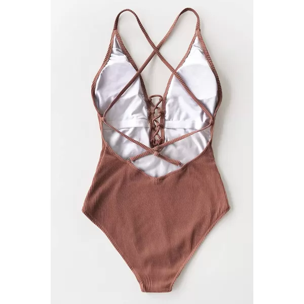 imageCUPSHE Womens Solid Color V Neck Lace Up One Piece SwimsuitCaramel