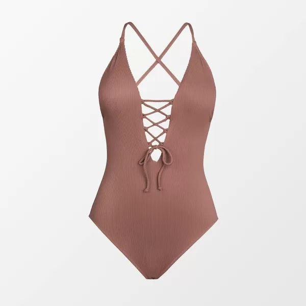 imageCUPSHE Womens Solid Color V Neck Lace Up One Piece SwimsuitCaramel