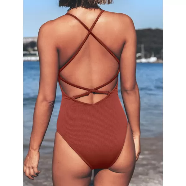 imageCUPSHE Womens Solid Color V Neck Lace Up One Piece SwimsuitDark Amber