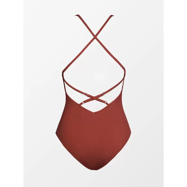 imageCUPSHE Womens Solid Color V Neck Lace Up One Piece SwimsuitDark Amber