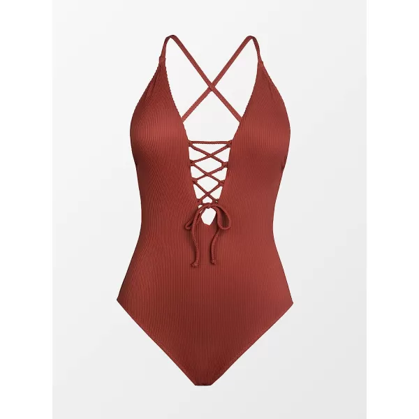 imageCUPSHE Womens Solid Color V Neck Lace Up One Piece SwimsuitDark Amber