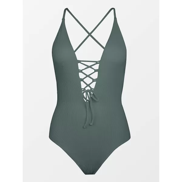 imageCUPSHE Womens Solid Color V Neck Lace Up One Piece SwimsuitEden