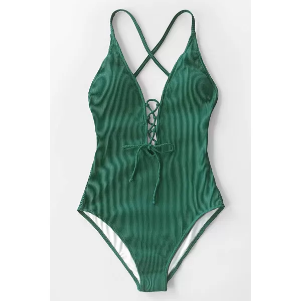imageCUPSHE Womens Solid Color V Neck Lace Up One Piece SwimsuitGreen
