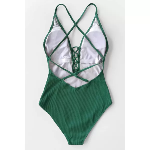 imageCUPSHE Womens Solid Color V Neck Lace Up One Piece SwimsuitGreen