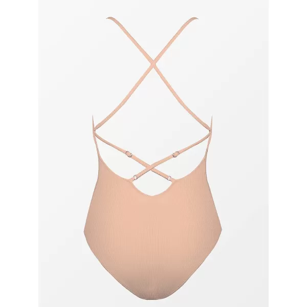 imageCUPSHE Womens Solid Color V Neck Lace Up One Piece SwimsuitNude