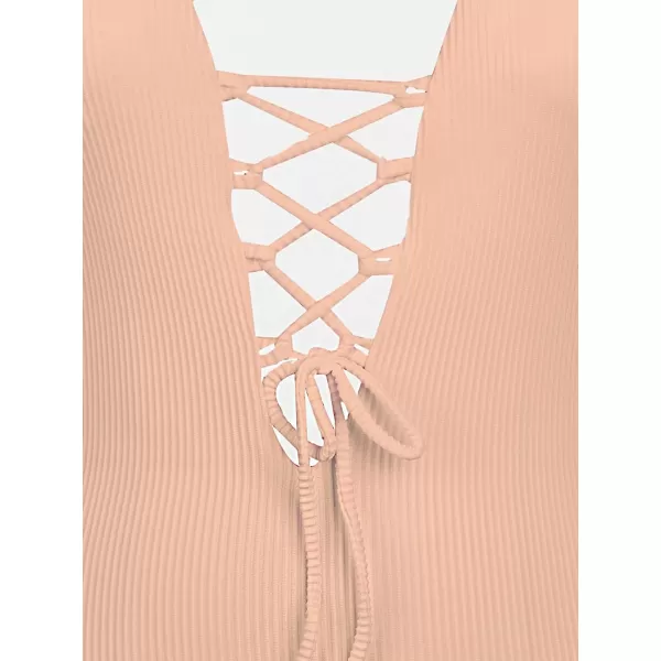 imageCUPSHE Womens Solid Color V Neck Lace Up One Piece SwimsuitNude