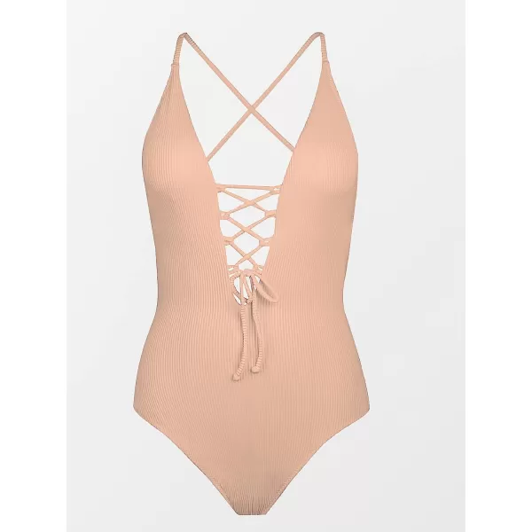imageCUPSHE Womens Solid Color V Neck Lace Up One Piece SwimsuitNude