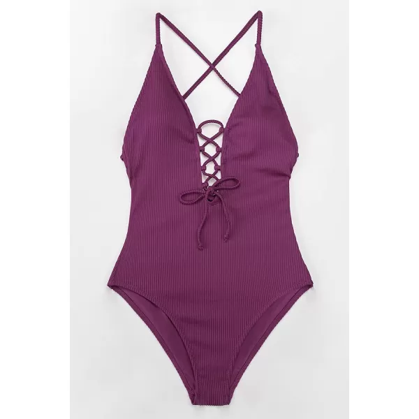 imageCUPSHE Womens Solid Color V Neck Lace Up One Piece SwimsuitPurple