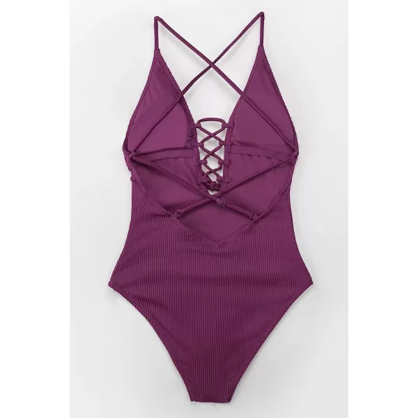 imageCUPSHE Womens Solid Color V Neck Lace Up One Piece SwimsuitPurple
