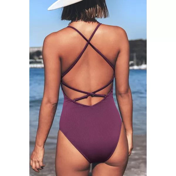 imageCUPSHE Womens Solid Color V Neck Lace Up One Piece SwimsuitPurple