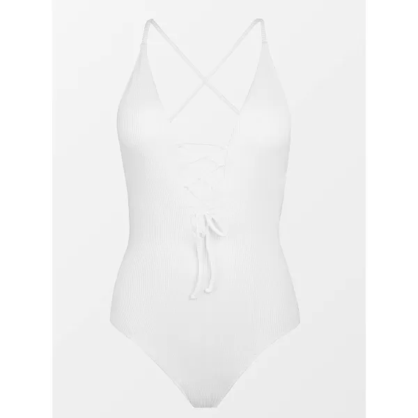 imageCUPSHE Womens Solid Color V Neck Lace Up One Piece SwimsuitWhite