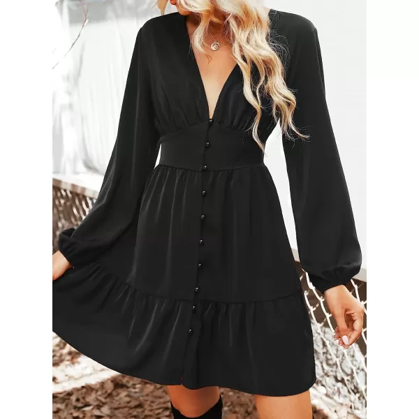 imageCUPSHE Womens Solid Midi Dresses Aline Button Down Deep V Neck Long Sleeves Fall DressBlack