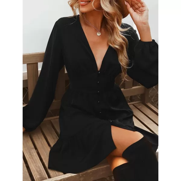 imageCUPSHE Womens Solid Midi Dresses Aline Button Down Deep V Neck Long Sleeves Fall DressBlack