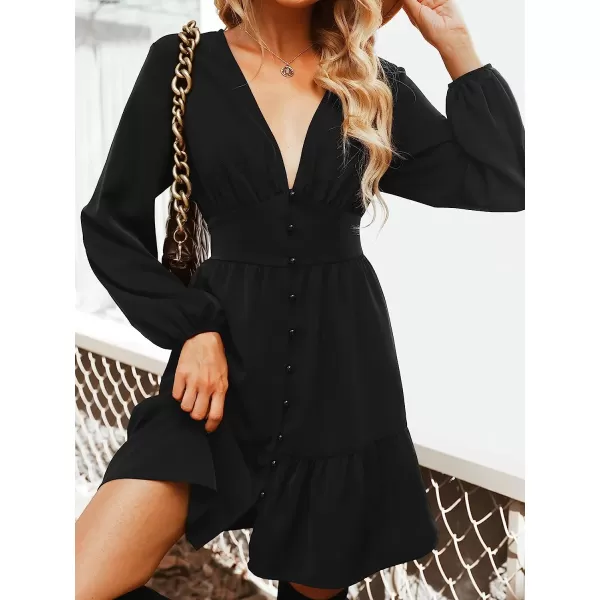 imageCUPSHE Womens Solid Midi Dresses Aline Button Down Deep V Neck Long Sleeves Fall DressBlack