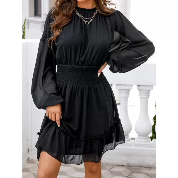 imageCUPSHE Womens Solid Mock Neck Mini Dress Chiffon Balloon Sleeve Ruffled A Line Dress for SpringBlack