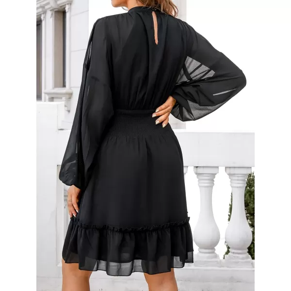 imageCUPSHE Womens Solid Mock Neck Mini Dress Chiffon Balloon Sleeve Ruffled A Line Dress for SpringBlack