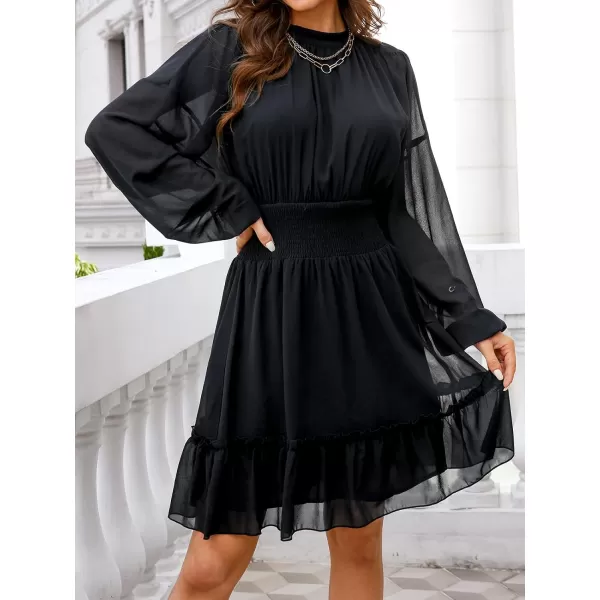 imageCUPSHE Womens Solid Mock Neck Mini Dress Chiffon Balloon Sleeve Ruffled A Line Dress for SpringBlack