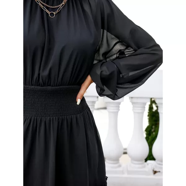 imageCUPSHE Womens Solid Mock Neck Mini Dress Chiffon Balloon Sleeve Ruffled A Line Dress for SpringBlack