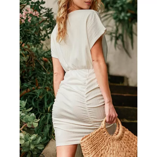 imageCUPSHE Womens Solid Ruched V Neck Bodycon Dress V Neck Short Sleeve Casual Mini Dress for PartyApricot