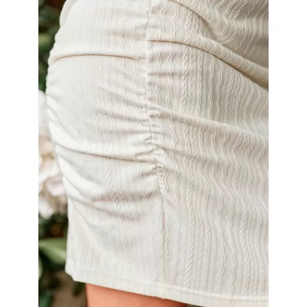 imageCUPSHE Womens Solid Ruched V Neck Bodycon Dress V Neck Short Sleeve Casual Mini Dress for PartyApricot