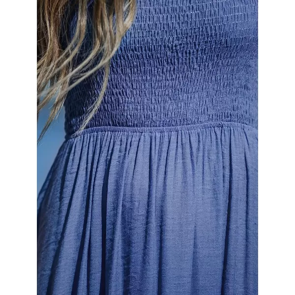 imageCUPSHE Womens Solid Smocked Maxi Dress Straight Neck Spaghetti Straps Casual DressBlue