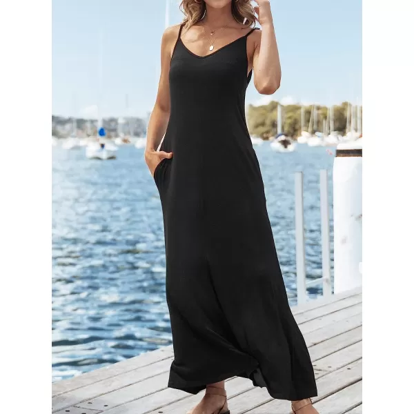 imageCUPSHE Womens Solid V Neck Maxi Dress Spaghetti Straps Casual Slip DressBlack