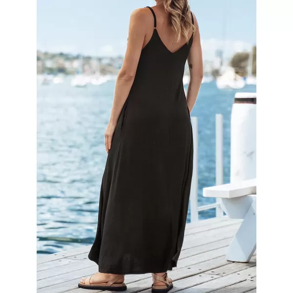imageCUPSHE Womens Solid V Neck Maxi Dress Spaghetti Straps Casual Slip DressBlack
