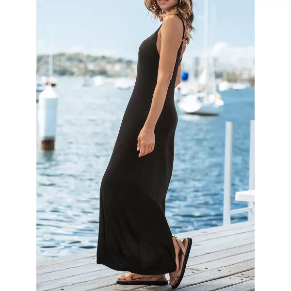 imageCUPSHE Womens Solid V Neck Maxi Dress Spaghetti Straps Casual Slip DressBlack