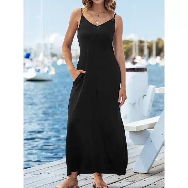 imageCUPSHE Womens Solid V Neck Maxi Dress Spaghetti Straps Casual Slip DressBlack