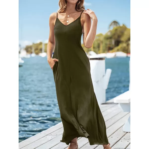 imageCUPSHE Womens Solid V Neck Maxi Dress Spaghetti Straps Casual Slip DressOlive Green