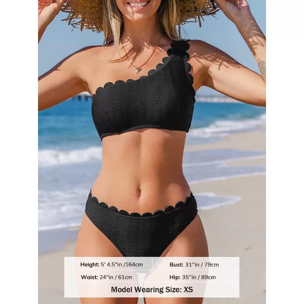 imageCUPSHE Womens Solid Wavy Edge OneShoulder Bikini Set Rain of PetalsBlack
