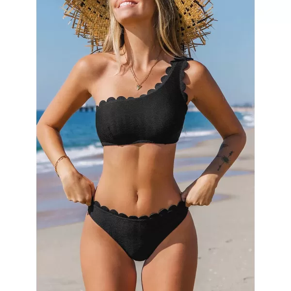 imageCUPSHE Womens Solid Wavy Edge OneShoulder Bikini Set Rain of PetalsBlack