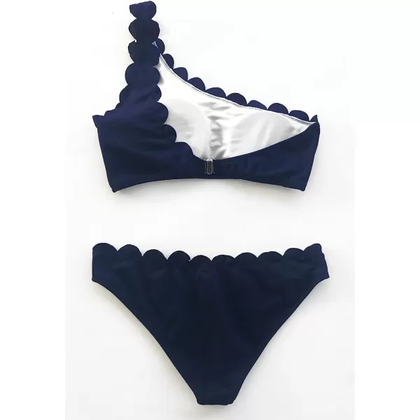 imageCUPSHE Womens Solid Wavy Edge OneShoulder Bikini Set Rain of PetalsNavy Blue