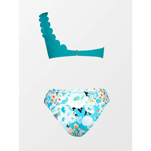imageCUPSHE Womens Solid Wavy Edge OneShoulder Bikini Set Rain of PetalsTeal and Floral