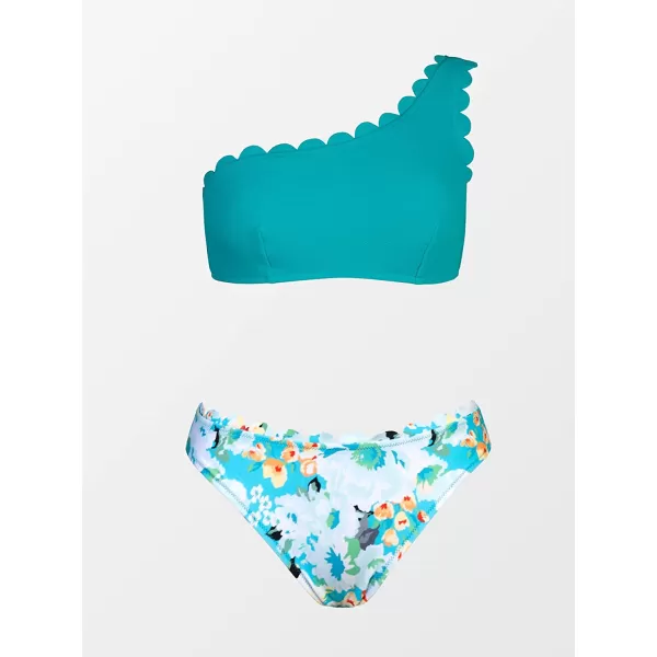 imageCUPSHE Womens Solid Wavy Edge OneShoulder Bikini Set Rain of PetalsTeal and Floral