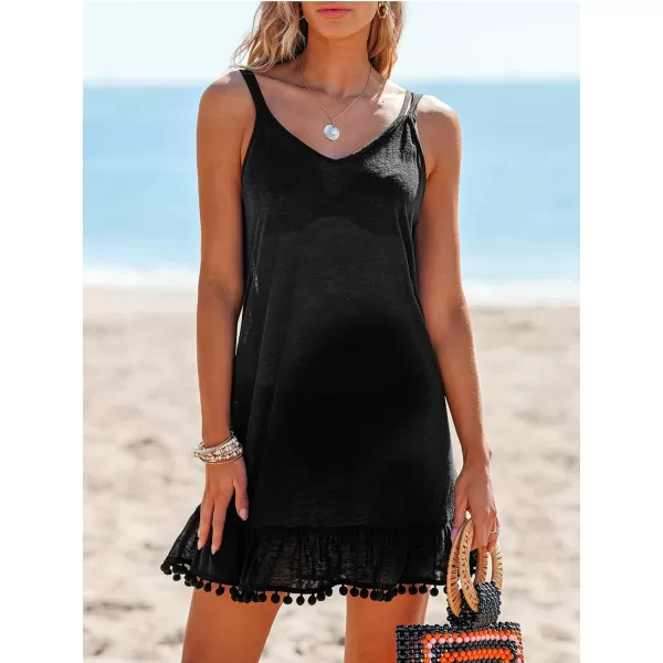 imageCUPSHE Womens Spaghetti Strap Cover Ups Sleeveless Beach Bikini Coverup Pom Pom TShirt DressBlack