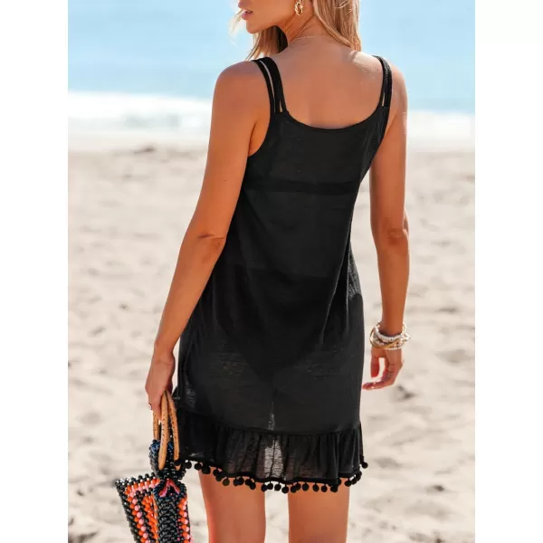 imageCUPSHE Womens Spaghetti Strap Cover Ups Sleeveless Beach Bikini Coverup Pom Pom TShirt DressBlack