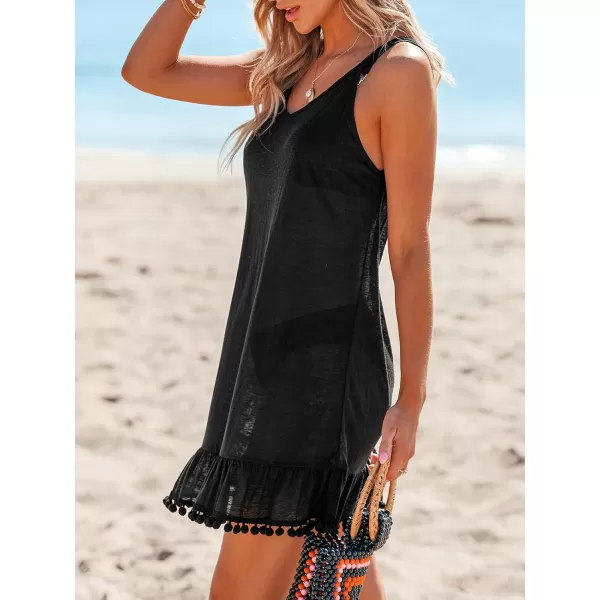 imageCUPSHE Womens Spaghetti Strap Cover Ups Sleeveless Beach Bikini Coverup Pom Pom TShirt DressBlack