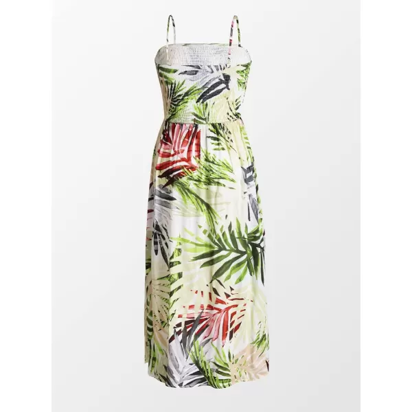 imageCUPSHE Womens Spaghetti Strap Smocked Leafy Print Over The Knee DressGreen