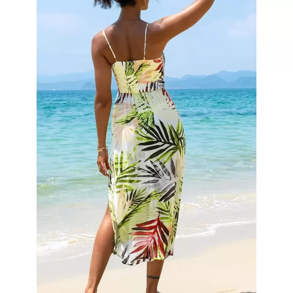 imageCUPSHE Womens Spaghetti Strap Smocked Leafy Print Over The Knee DressGreen