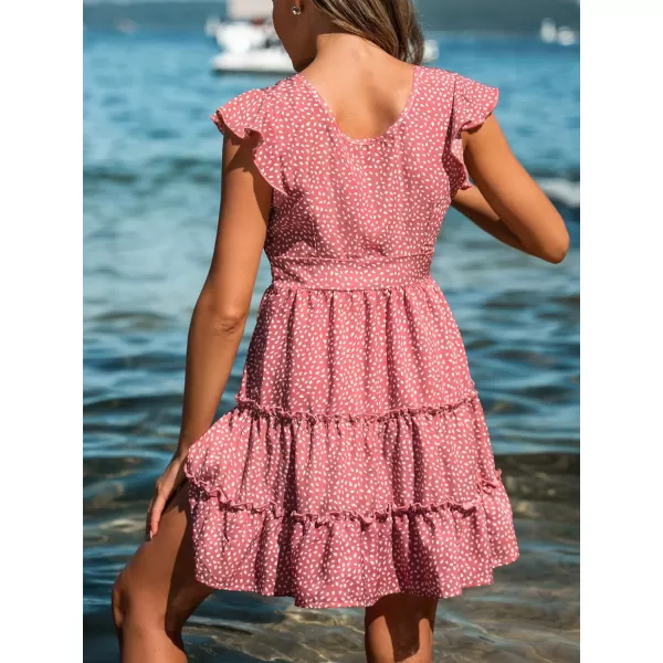 imageCUPSHE Womens Speckled Print Ruffled Mini Dress Short Sleeves Mini Lenght VNeckline Dresses Casual SummerRed