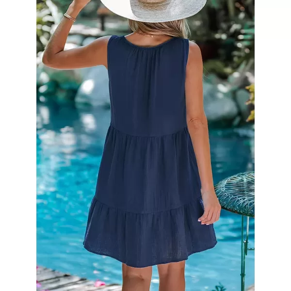 imageCUPSHE Womens Split Neck Sleeveless Drawstring Ruffled Mini Dress Tie Front Short Casual DressNavy Blue