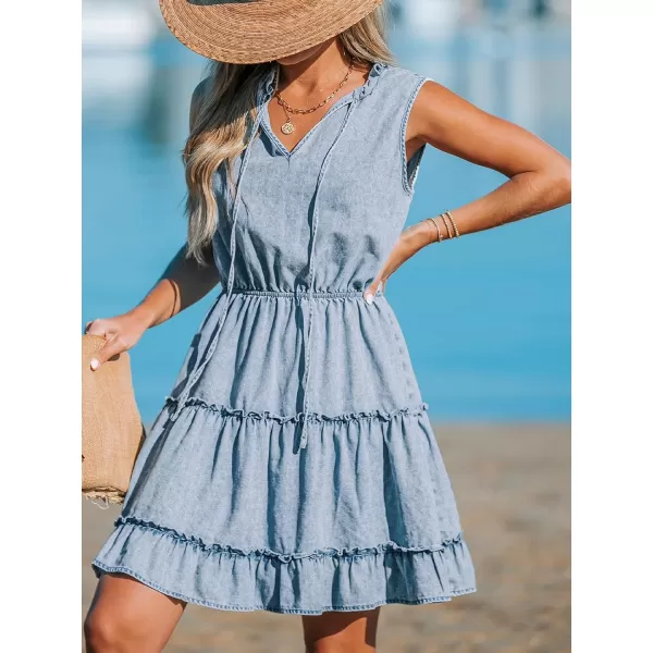 imageCUPSHE Womens Split V Neck Ruffled Sleeveless Denim Skirt Summer Mini DressCUPSHE Womens Split V Neck Ruffled Sleeveless Denim Skirt Summer Mini Dress