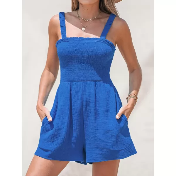 imageCUPSHE Womens Square Neck Sleeveless Smocking Straps Mini Romper Overalls Cutout Back Blue Casual Jumpsuit with PocketsBlue