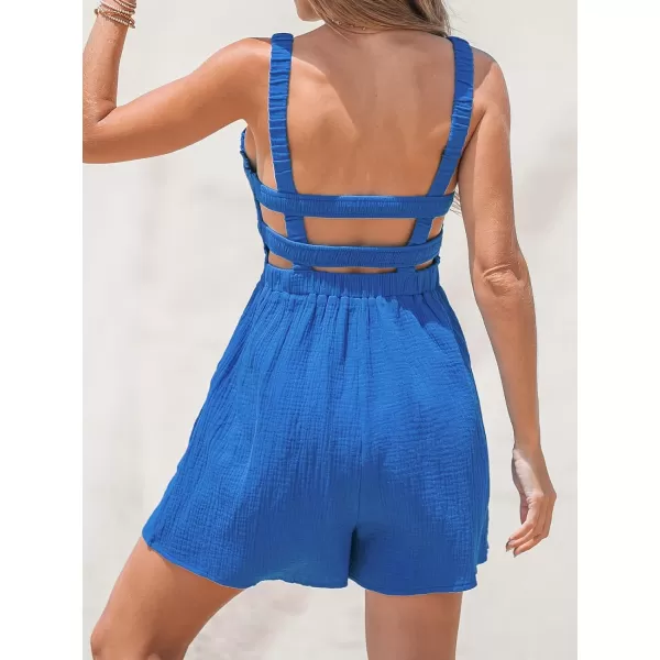 imageCUPSHE Womens Square Neck Sleeveless Smocking Straps Mini Romper Overalls Cutout Back Blue Casual Jumpsuit with PocketsBlue