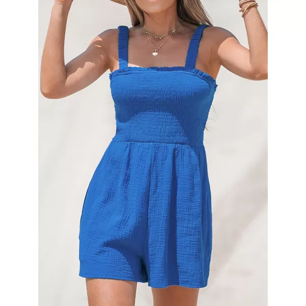 imageCUPSHE Womens Square Neck Sleeveless Smocking Straps Mini Romper Overalls Cutout Back Blue Casual Jumpsuit with PocketsBlue
