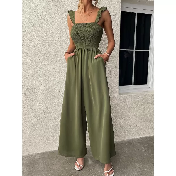 imageCUPSHE Womens Square Neck Smocked Ruffled Romper Sleeveless Wide leg Jumpsuit Empire Waist OutfitGreen