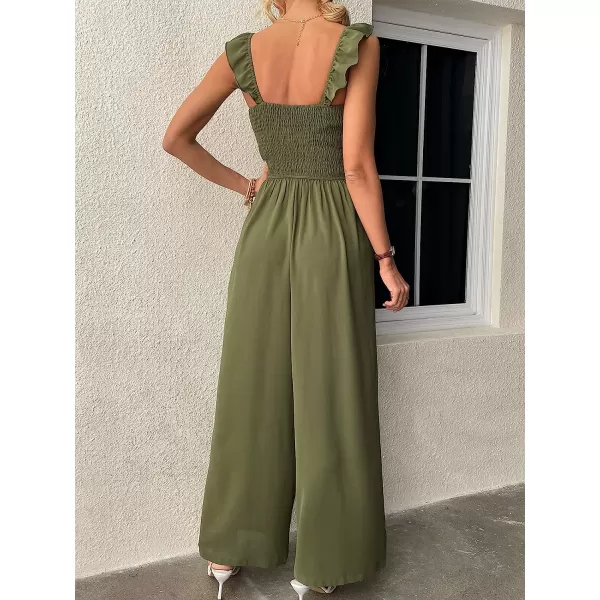 imageCUPSHE Womens Square Neck Smocked Ruffled Romper Sleeveless Wide leg Jumpsuit Empire Waist OutfitGreen