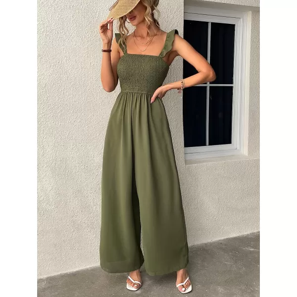imageCUPSHE Womens Square Neck Smocked Ruffled Romper Sleeveless Wide leg Jumpsuit Empire Waist OutfitGreen