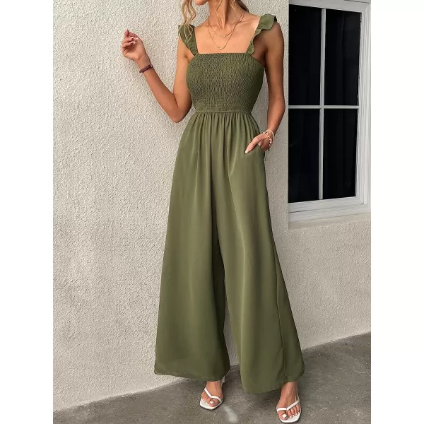 imageCUPSHE Womens Square Neck Smocked Ruffled Romper Sleeveless Wide leg Jumpsuit Empire Waist OutfitGreen